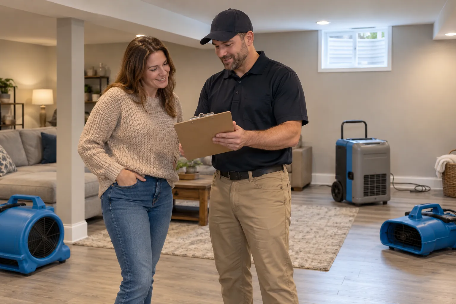 Water damage restoration technician drying a flooded living room in Dayton